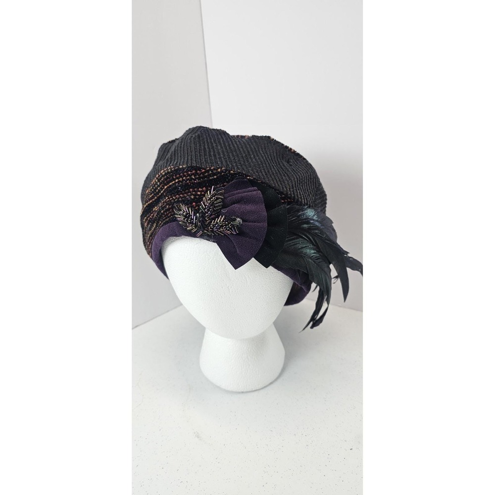 Vintage Beaded Feather Beret Hat Purple Black Metallic Women's Dress Hat